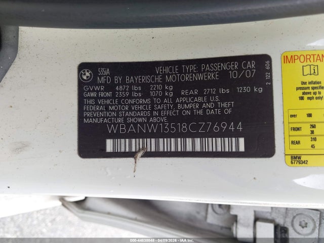 44830048 :رقم المزاد ، WBANW13518CZ76944 vin ، 2008 Bmw 535i مزاد بيع