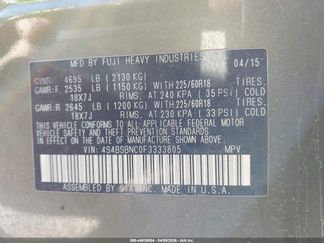 Продаж на аукціоні авто 2015 Subaru Outback 2.5i Limited, vin: 4S4BSBNC0F3333805, номер лоту: 44830054
