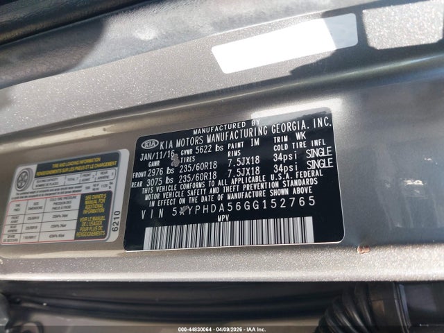 Aukcja sprzedaży 2016 Kia Sorento 3.3l Ex, vin: 5XYPHDA56GG152765, numer aukcji: 44830064