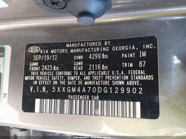 44830078 :رقم المزاد ، 5XXGM4A70DG129902 vin ، 2013 Kia Optima Lx مزاد بيع