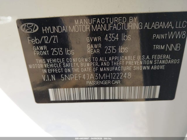 Продаж на аукціоні авто 2021 Hyundai Sonata Sel, vin: 5NPEF4JA3MH122248, номер лоту: 44830087
