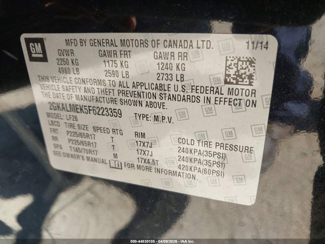 Aukcja sprzedaży 2015 Gmc Terrain Sle-1, vin: 2GKALMEK5F6223359, numer aukcji: 44830105