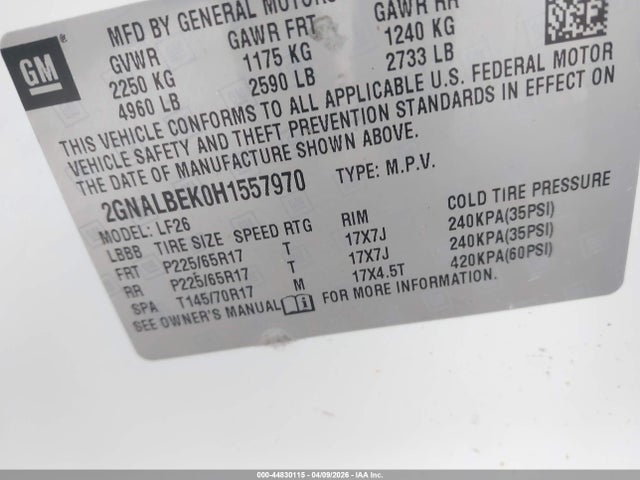 44830115 :رقم المزاد ، 2GNALBEK0H1557970 vin ، 2017 Chevrolet Equinox Ls مزاد بيع