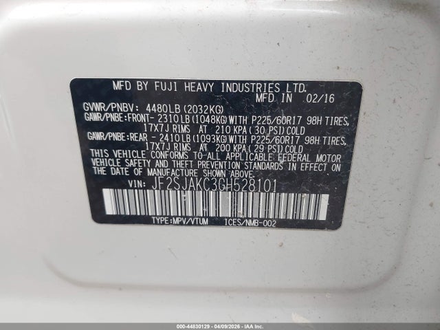 2016 Subaru Forester 2.5i Limited მანქანა იყიდება აუქციონზე, vin: JF2SJAKC3GH528101, აუქციონის ნომერი: 44830129