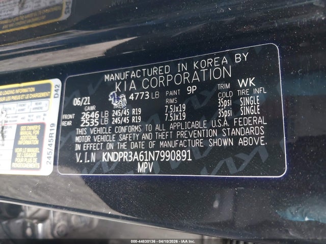 44830136 :رقم المزاد ، KNDPR3A61N7990891 vin ، 2022 Kia Sportage Sx Turbo مزاد بيع