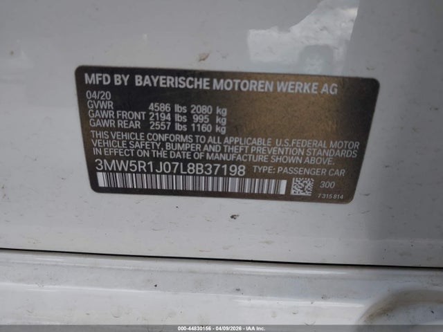 Aukcja sprzedaży 2020 Bmw 330i, vin: 3MW5R1J07L8B37198, numer aukcji: 44830156