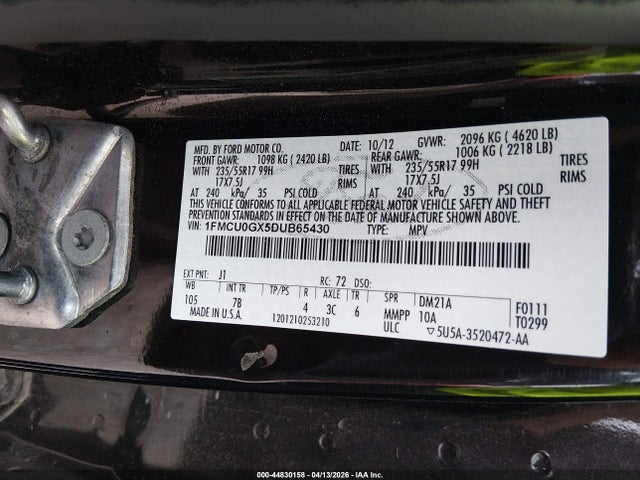 44830158 :رقم المزاد ، 1FMCU0GX5DUB65430 vin ، 2013 Ford Escape Se مزاد بيع