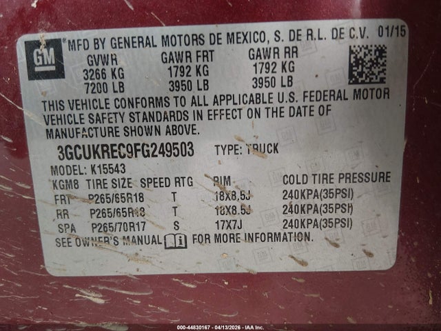 Продаж на аукціоні авто 2015 Chevrolet Silverado 1500 2lt, vin: 3GCUKREC9FG249503, номер лоту: 44830167