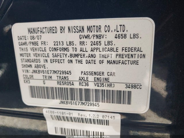 44830193 :رقم المزاد ، JNKBV61E77M729945 vin ، 2007 Infiniti G35 Journey مزاد بيع