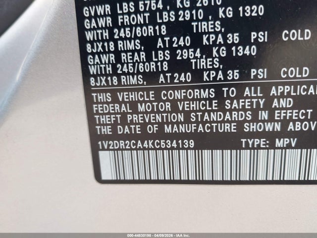 Продажа на аукционе авто 2019 Volkswagen Atlas 3.6l V6 Se, vin: 1V2DR2CA4KC534139, номер лота: 44830198