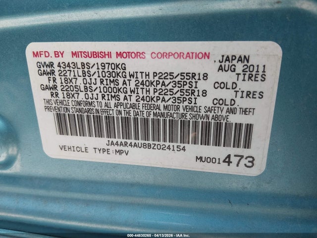 Продаж на аукціоні авто 2011 Mitsubishi Outlander Sport Se, vin: JA4AR4AU8BZ024154, номер лоту: 44830265