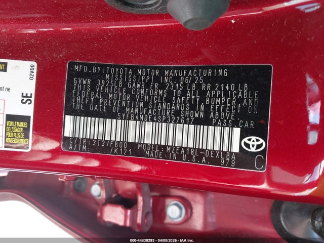 Auction sale of the 2025 Toyota Corolla Le, vin: 5YFB4MDE4SP327617, lot number: 44830293