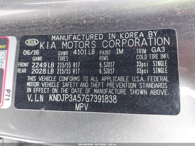 44830309 :رقم المزاد ، KNDJP3A57G7391838 vin ، 2016 Kia Soul + مزاد بيع