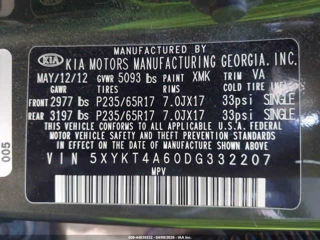 44830332 :رقم المزاد ، 5XYKT4A60DG332207 vin ، 2013 Kia Sorento Lx مزاد بيع