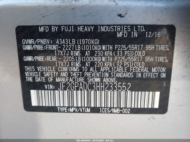 Aukcja sprzedaży 2017 Subaru Crosstrek 2.0i Premium, vin: JF2GPADC3HH233552, numer aukcji: 44830343