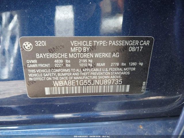 Продаж на аукціоні авто 2018 Bmw 320i, vin: WBA8E1G55JNU89735, номер лоту: 44830353