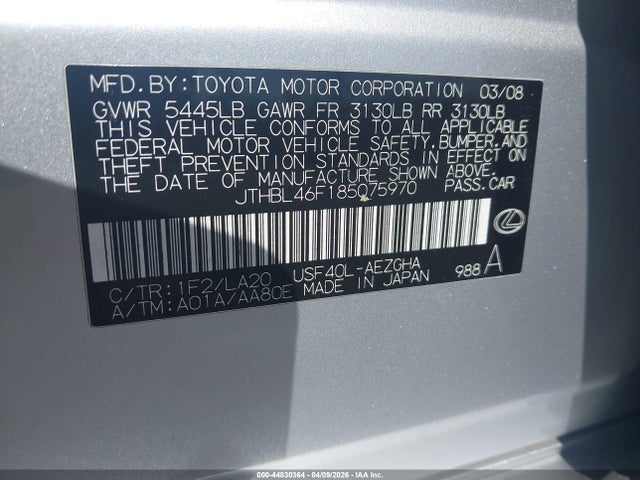 Aukcja sprzedaży 2008 Lexus Ls 460, vin: JTHBL46F185075970, numer aukcji: 44830364
