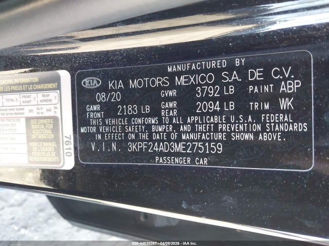 44830387 :رقم المزاد ، 3KPF24AD3ME275159 vin ، 2021 Kia Forte Lxs مزاد بيع