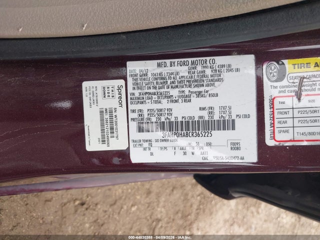 2012 Ford Fusion Se მანქანა იყიდება აუქციონზე, vin: 3FAHP0HA8CR365225, აუქციონის ნომერი: 44830388