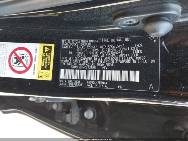 Продаж на аукціоні авто 2012 Toyota Highlander Se V6, vin: 5TDBK3EH7CS109303, номер лоту: 44830389