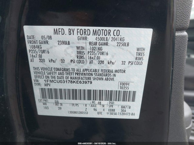 Продаж на аукціоні авто 2008 Ford Escape Xlt, vin: 1FMCU03178KE63979, номер лоту: 44830391