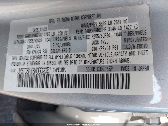 Aukcja sprzedaży 2022 Mazda Cx-9 Touring Plus, vin: JM3TCBAY8N0602051, numer aukcji: 44830394