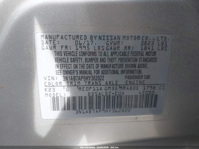 Продаж на аукціоні авто 2017 Nissan Sentra Sv, vin: 3N1AB7AP9HY362822, номер лоту: 44830404