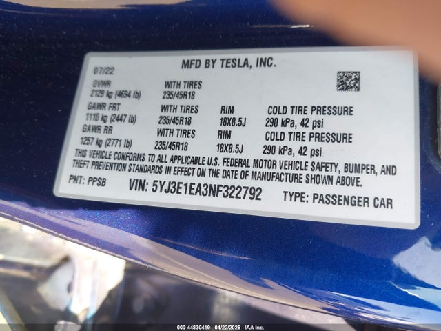 Aukcja sprzedaży 2022 Tesla Model 3 Rear-wheel Drive, vin: 5YJ3E1EA3NF322792, numer aukcji: 44830419