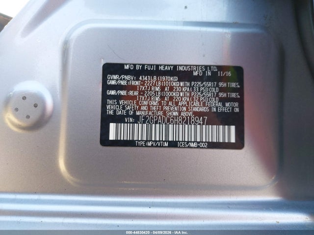 44830420 :رقم المزاد ، JF2GPADC6H8218947 vin ، 2017 Subaru Crosstrek 2.0i Premium مزاد بيع