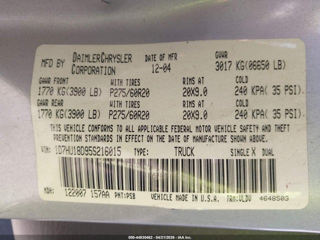 44830462 :رقم المزاد ، 1D7HU18D95S216015 vin ، 2005 Dodge Ram 1500 Slt/laramie مزاد بيع