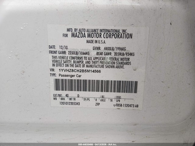 44830466 :رقم المزاد ، 1YVHZ8CH2B5M14566 vin ، 2011 Mazda Mazda6 I Touring Plus مزاد بيع