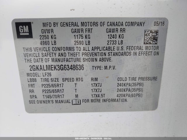 Продаж на аукціоні авто 2016 Gmc Terrain Sle-1, vin: 2GKALMEK3G6348636, номер лоту: 44830474