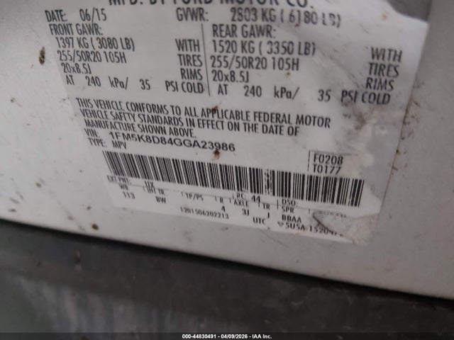 44830491 :رقم المزاد ، 1FM5K8D84GGA23986 vin ، 2016 Ford Explorer Xlt مزاد بيع
