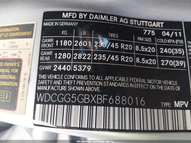 44830492 :رقم المزاد ، WDCGG5GBXBF688016 vin ، 2011 Mercedes-benz Glk 350 مزاد بيع