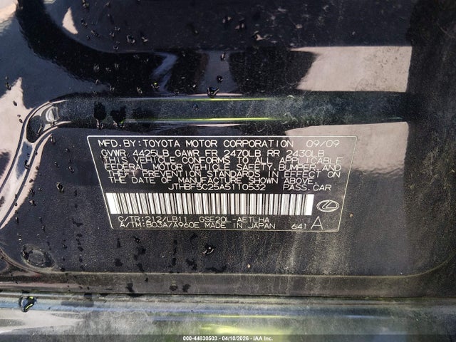 44830503 :رقم المزاد ، JTHBF5C25A5110532 vin ، 2010 Lexus Is 250 مزاد بيع