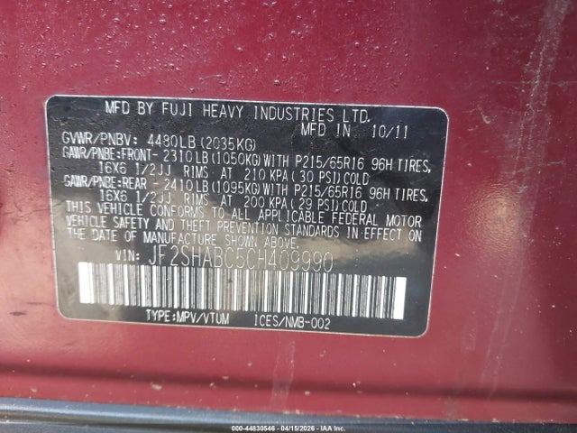 44830546 :رقم المزاد ، JF2SHABC5CH409990 vin ، 2012 Subaru Forester 2.5x مزاد بيع