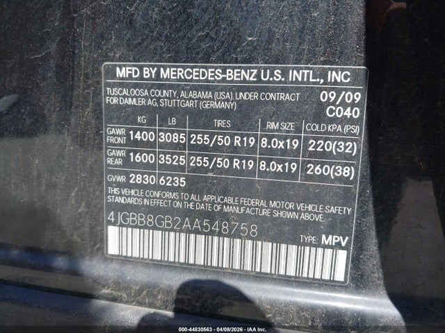 Продажа на аукционе авто 2010 Mercedes-benz Ml 350 4matic, vin: 4JGBB8GB2AA548758, номер лота: 44830563
