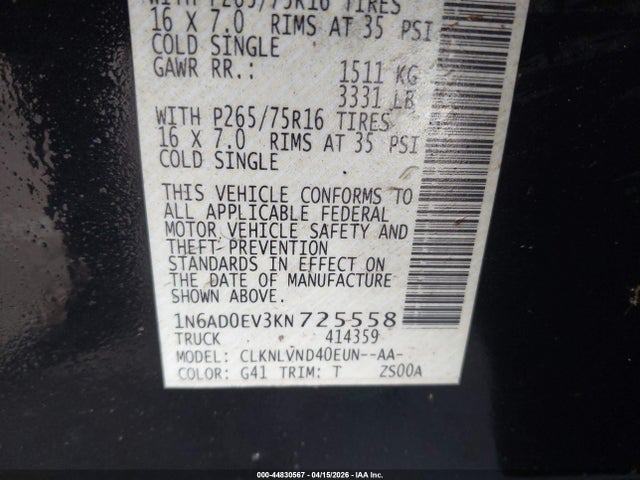 44830567 :رقم المزاد ، 1N6AD0EV3KN725558 vin ، 2019 Nissan Frontier Pro-4x مزاد بيع