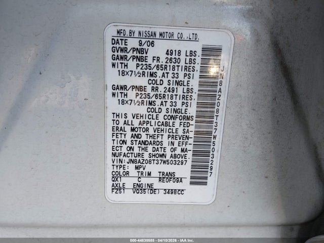 Aukcja sprzedaży 2007 Nissan Murano Sl, vin: JN8AZ08T37W503297, numer aukcji: 44830585