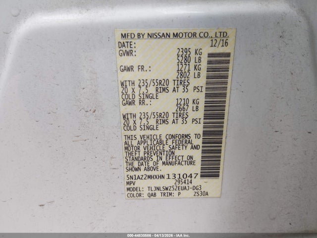 2017 Nissan Murano Platinum მანქანა იყიდება აუქციონზე, vin: 5N1AZ2MHXHN131047, აუქციონის ნომერი: 44830586