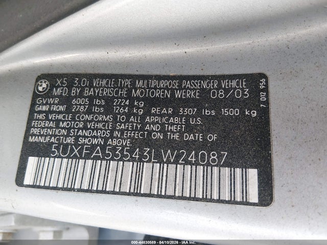 Aukcja sprzedaży 2003 Bmw X5 3.0i, vin: 5UXFA53543LW24087, numer aukcji: 44830589