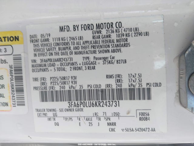 3FA6P0LU6KR243731 Ford Fusion Hybrid Se