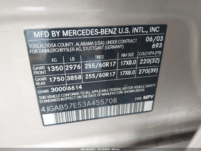 Aukcja sprzedaży 2003 Mercedes-benz Ml 350, vin: 4JGAB57E53A455708, numer aukcji: 44830631