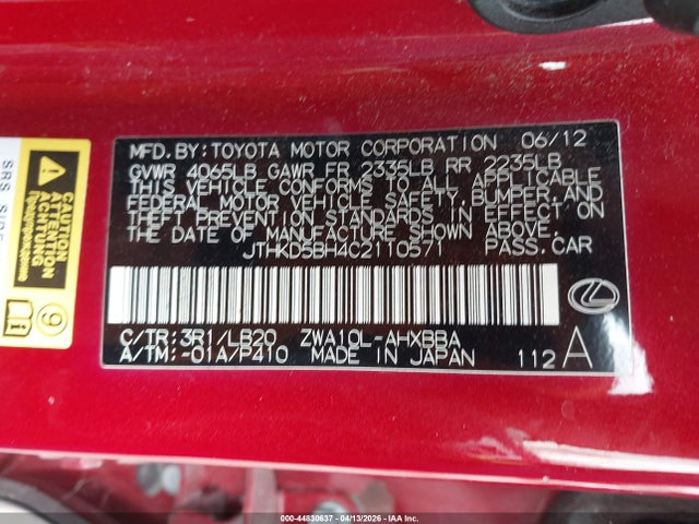 Продажа на аукционе авто 2012 Lexus Ct 200h Premium, vin: JTHKD5BH4C2110571, номер лота: 44830637