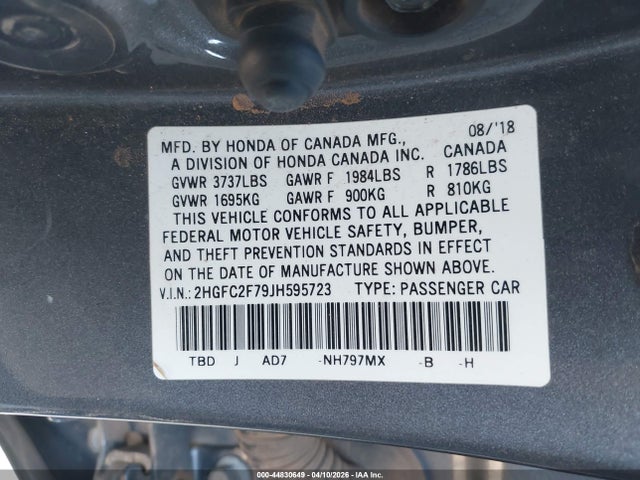 Auction sale of the 2018 Honda Civic Ex, vin: 2HGFC2F79JH595723, lot number: 44830649
