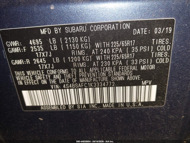 Aukcja sprzedaży 2019 Subaru Outback 2.5i Premium, vin: 4S4BSAFC1K3334772, numer aukcji: 44830654