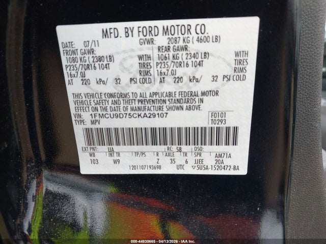 Продажа на аукционе авто 2012 Ford Escape Xlt, vin: 1FMCU9D75CKA29107, номер лота: 44830665