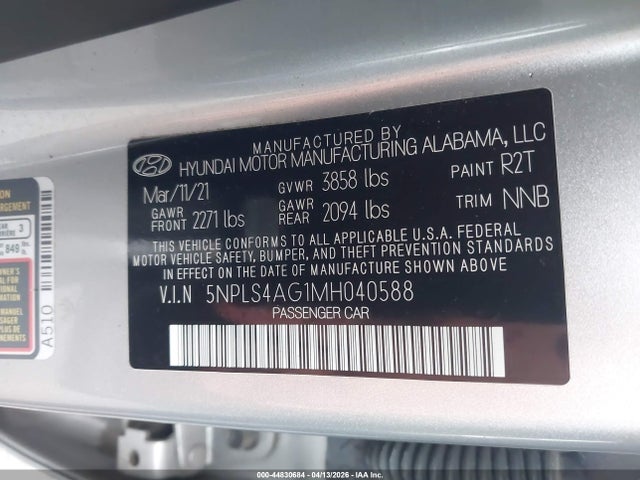 2021 Hyundai Elantra Sel მანქანა იყიდება აუქციონზე, vin: 5NPLS4AG1MH040588, აუქციონის ნომერი: 44830684