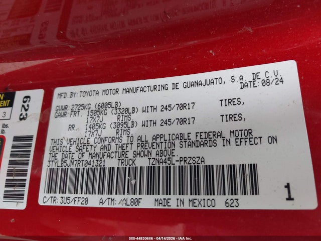44830686 :رقم المزاد ، 3TYLB5JN7RT041321 vin ، 2024 Toyota Tacoma Sr5 مزاد بيع