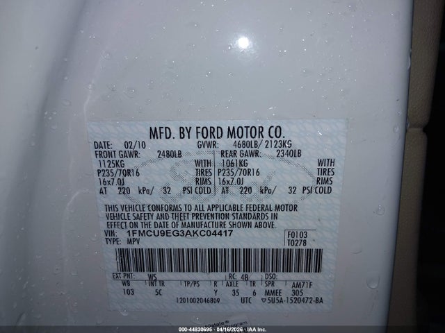 Aukcja sprzedaży 2010 Ford Escape Limited, vin: 1FMCU9EG3AKC04417, numer aukcji: 44830695